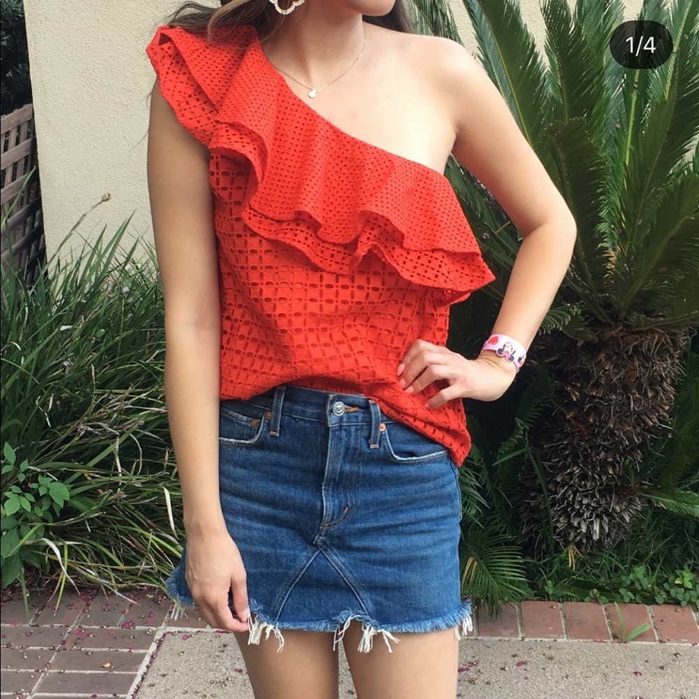 J. Crew one shoulder ruffle coral lace eyelet top
